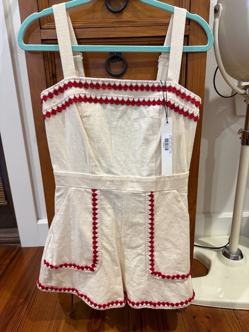 Mustard Seed Cream Romper with Red Trim